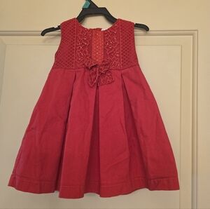 Charming Vtg D'Vanty Toddler Little Red Bow Stoned Lace & Corduroy Dress 2T
